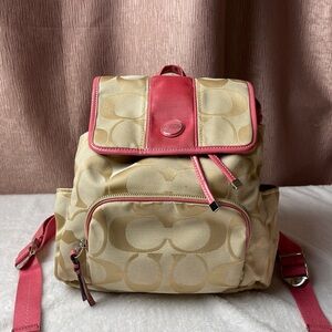 Y2K Coach Signature Canvas Backpack Brown Pink Trim C1361-F21928 Logo Flap 13”